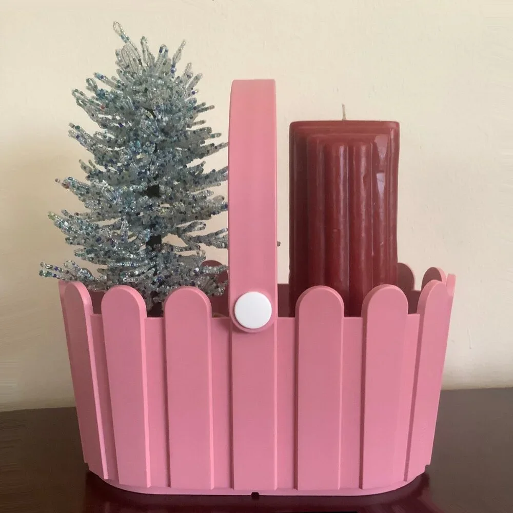 EUC Pink Plastic Picket Fence Basket with Handle